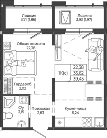 Планировка — Легенда-155. Барнаул, Студия, 36 м²