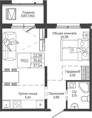 Планировка — Легенда-155. Барнаул, Студия, 36 м²