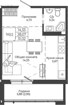 Планировка — Легенда-155. Барнаул, Студия, 28 м²