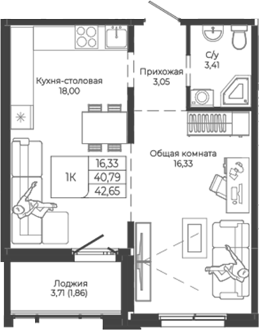 Планировка — Легенда-155. Барнаул, 1-комн., 41 м²