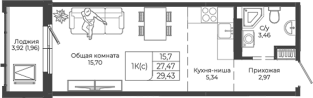 Планировка — Легенда-155. Барнаул, Студия, 27 м²