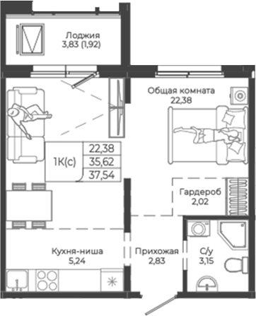 Планировка — Легенда-155. Барнаул, Студия, 36 м²