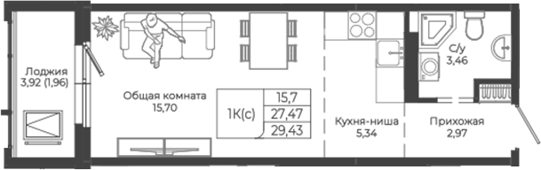 Планировка — Легенда-155. Барнаул, Студия, 27 м²