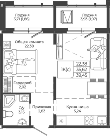 Планировка — Легенда-155. Барнаул, Студия, 36 м²