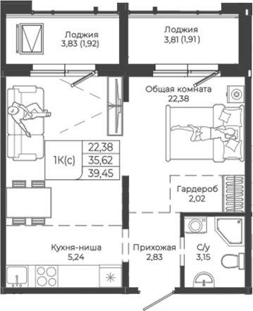 Планировка — Легенда-155. Барнаул, Студия, 36 м²
