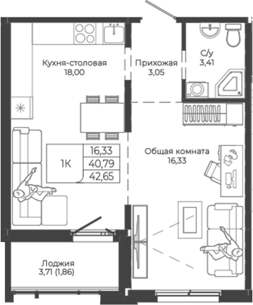 Планировка — Легенда-155. Барнаул, 1-комн., 41 м²