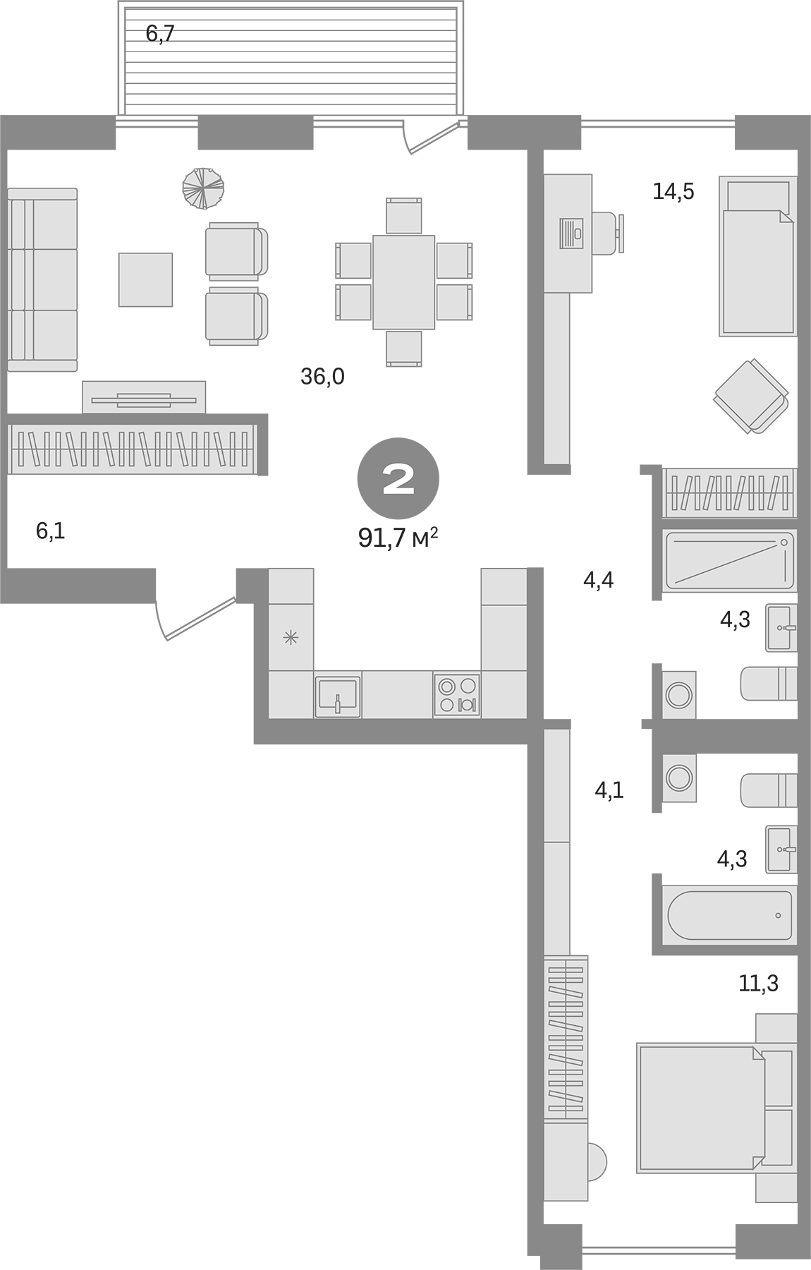 Планировка — Пшеница, 3-комн., 85 м²