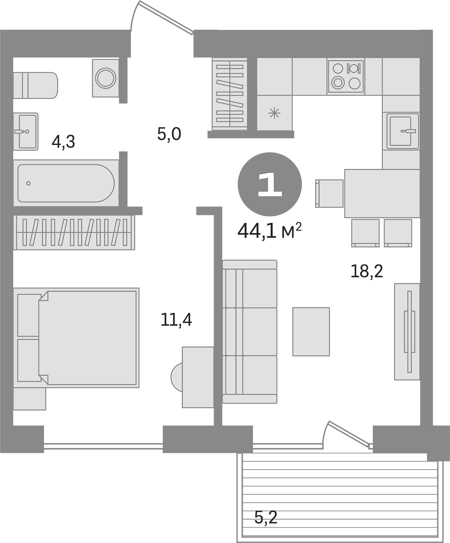 Планировка — Пшеница, 2-комн., 39 м²