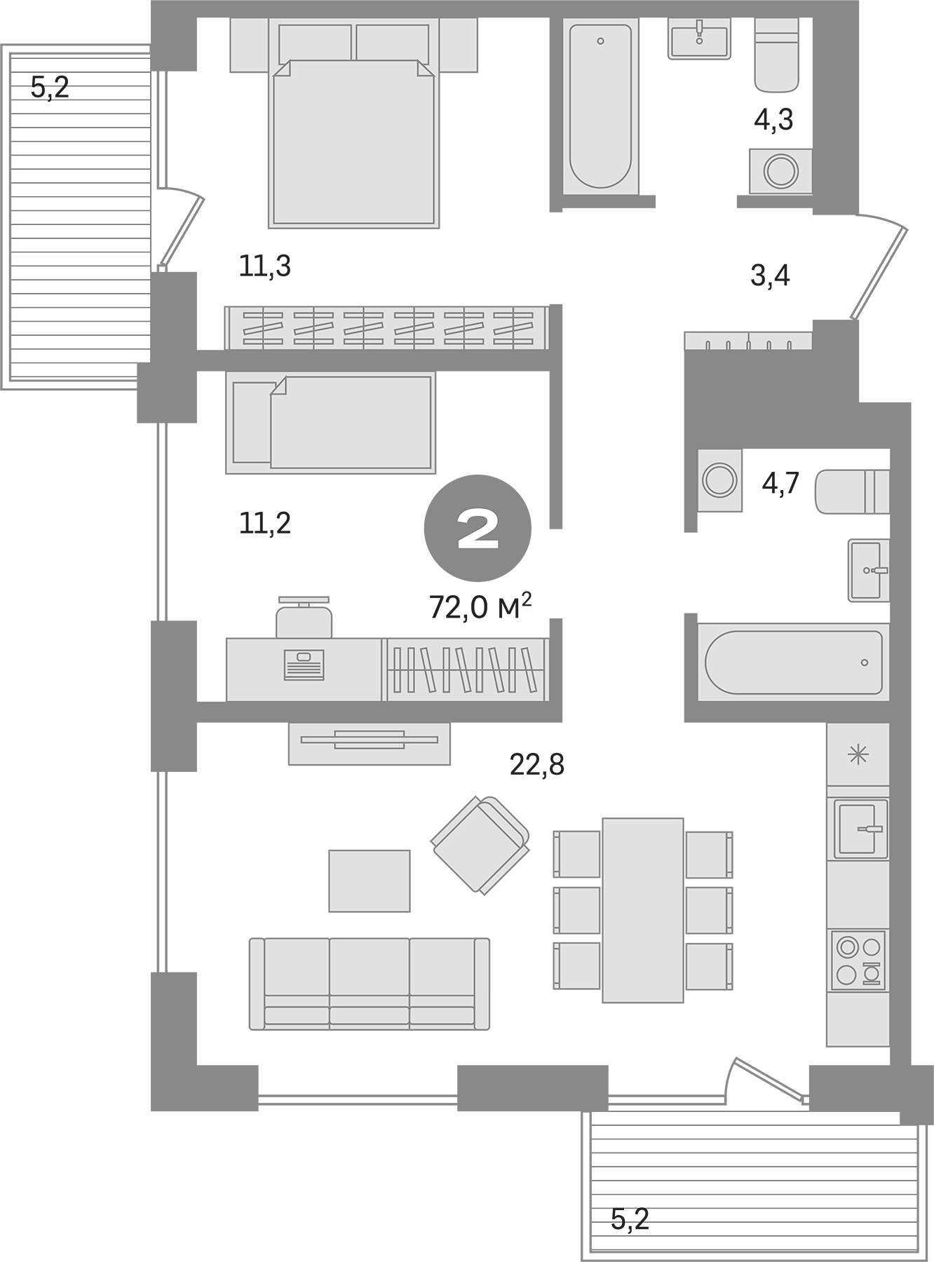 Планировка — Пшеница, 3-комн., 62 м²