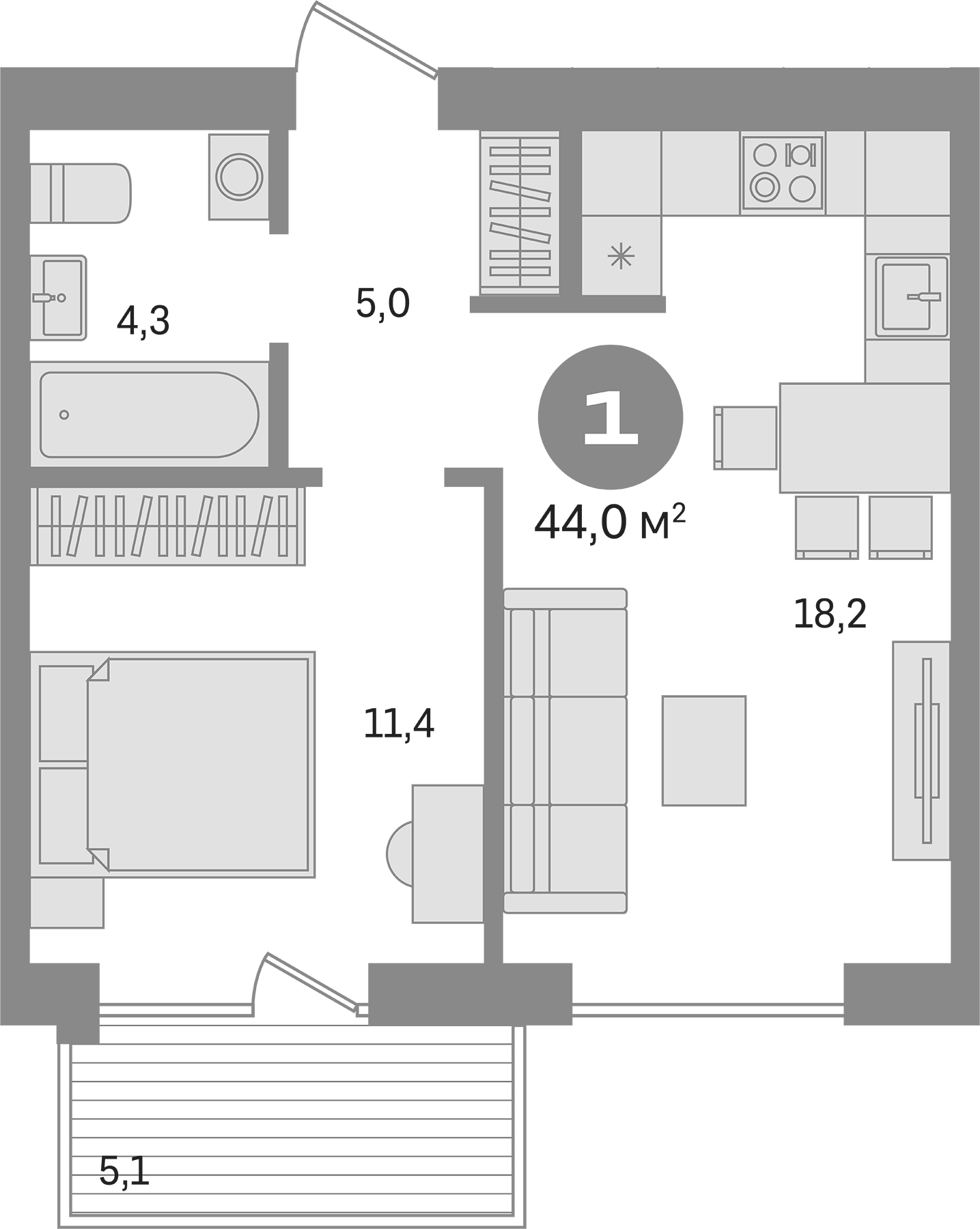 Планировка — Пшеница, 2-комн., 39 м²