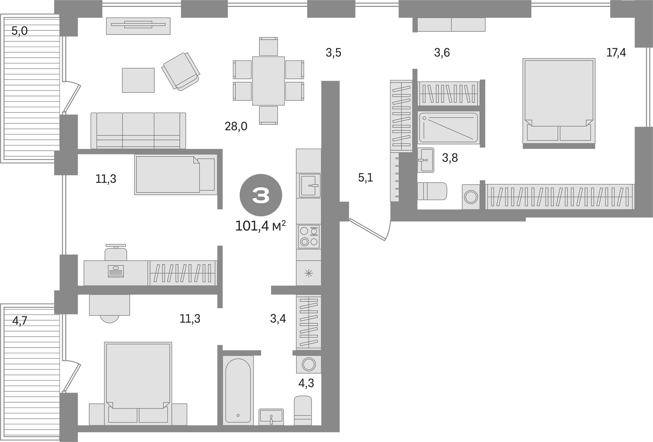 Планировка — Пшеница, 4-комн., 92 м²