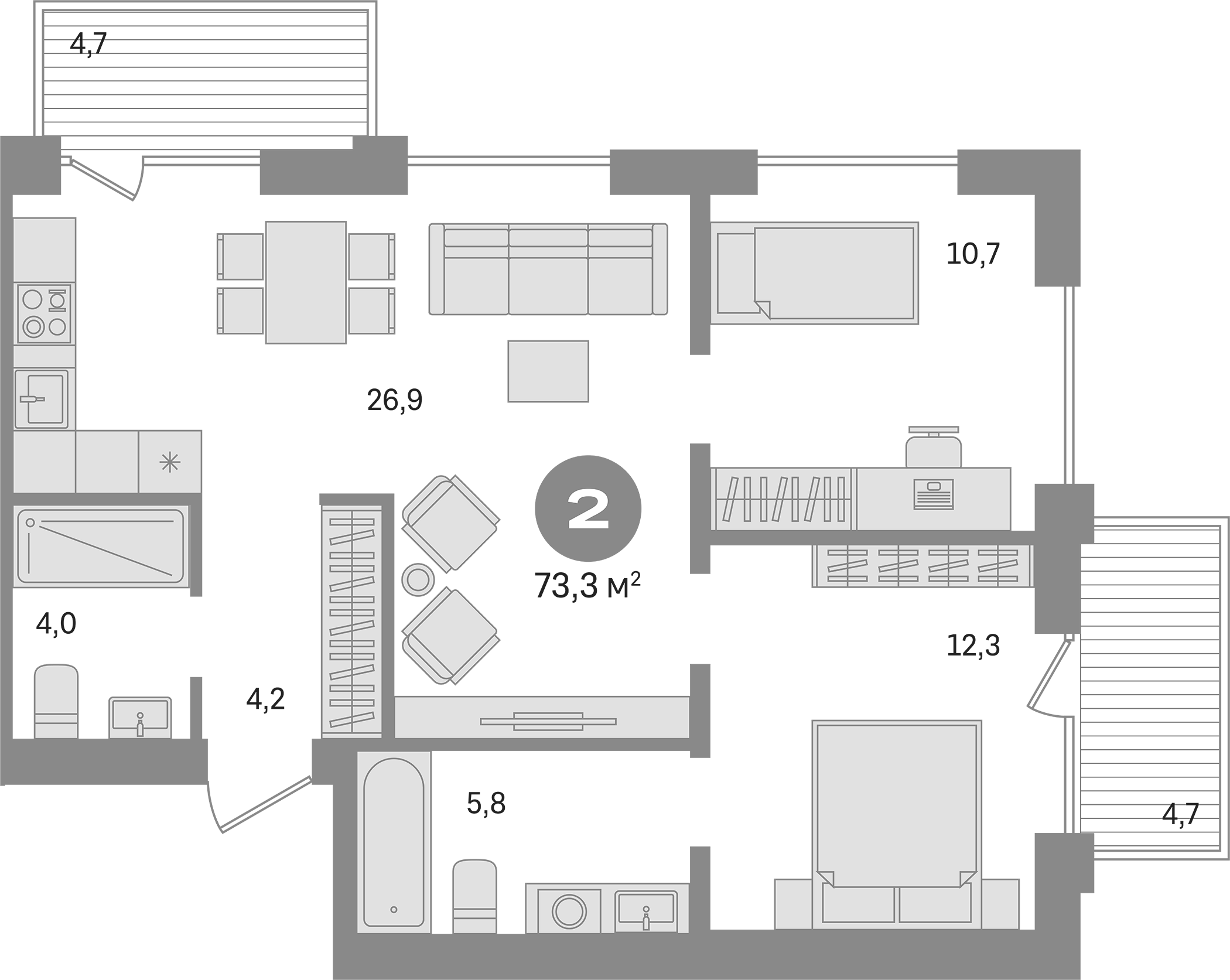 Планировка — Пшеница, 3-комн., 64 м²
