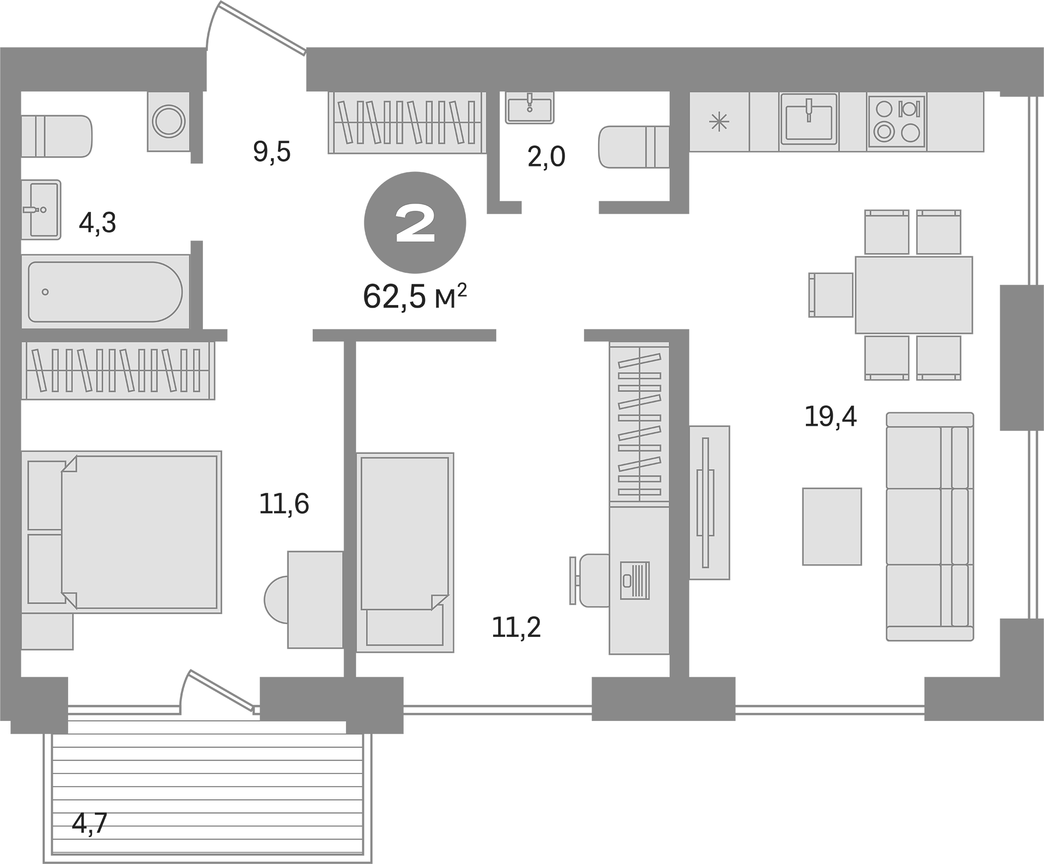 Планировка — Пшеница, 3-комн., 58 м²