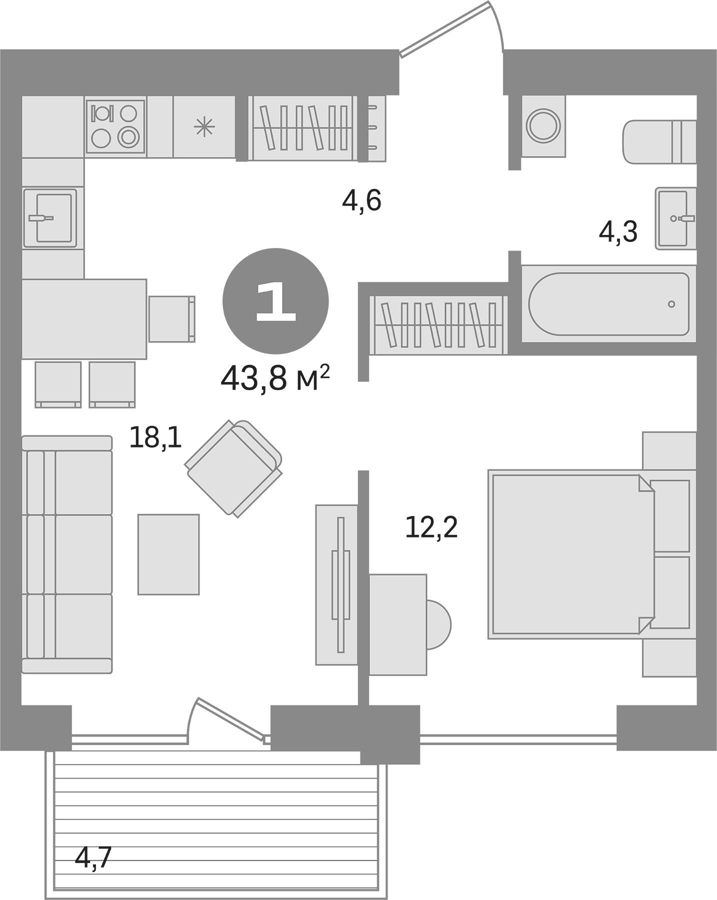 Планировка — Пшеница, 2-комн., 39 м²