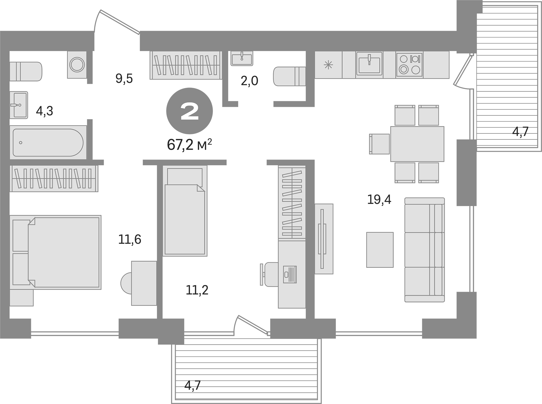Планировка — Пшеница, 3-комн., 58 м²