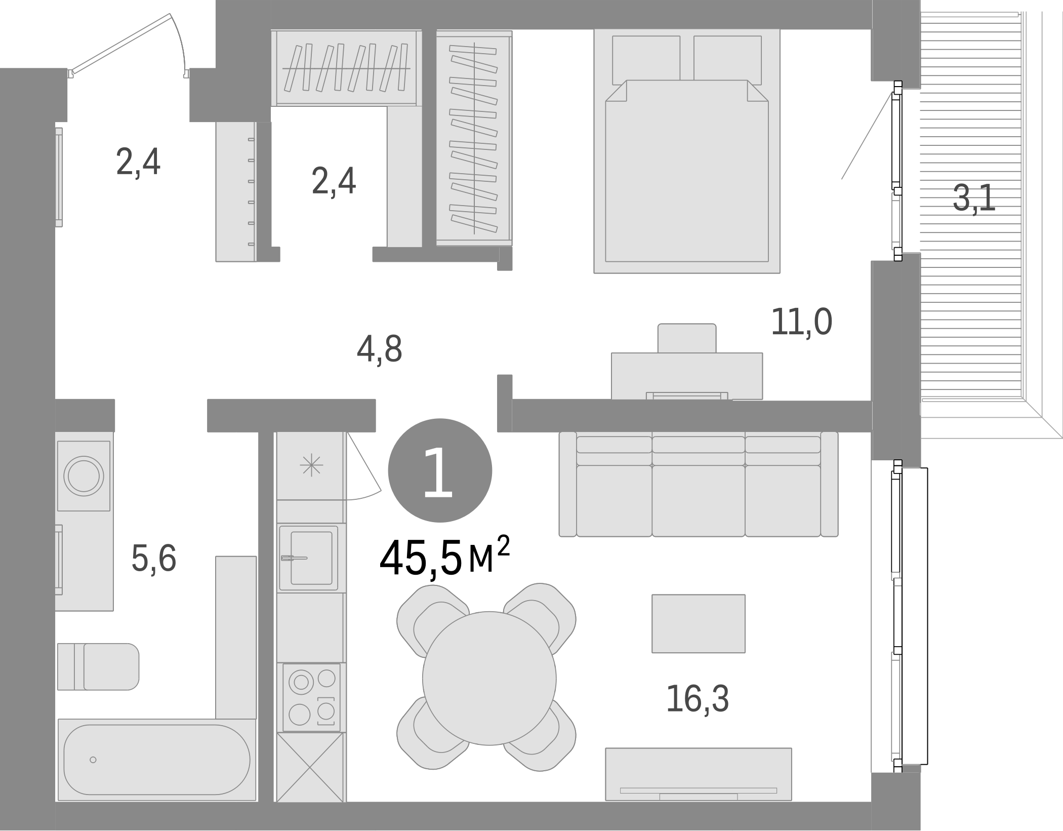 Планировка — Европейский берег, 2-комн., 42 м²