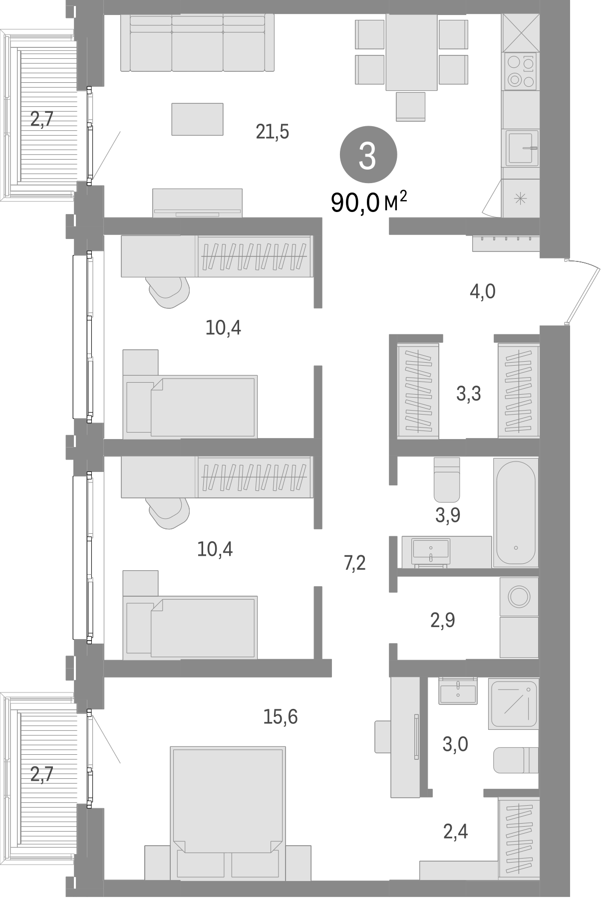 Планировка — Европейский берег, 4-комн., 85 м²