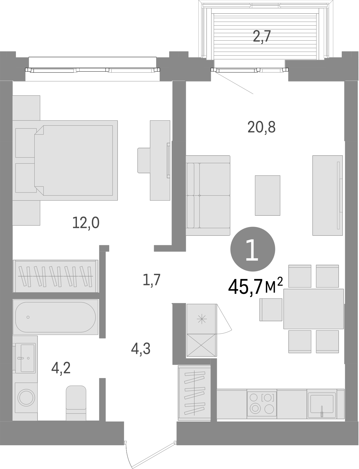 Планировка — Европейский берег, 2-комн., 43 м²