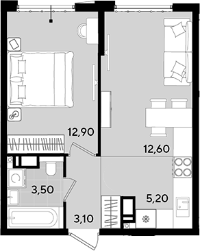 Планировка — Порто-Ново, 2-комн., 37 м²