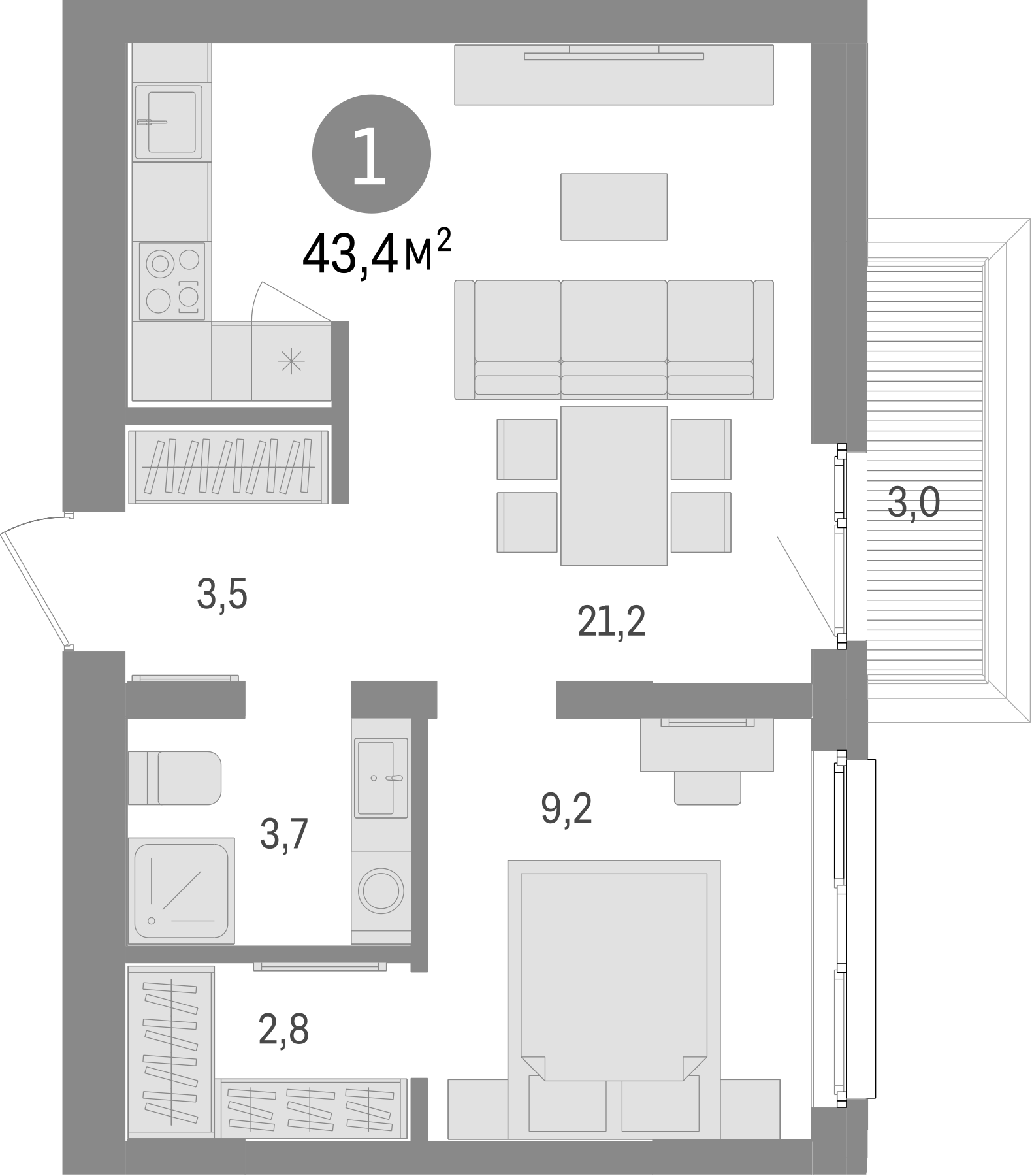 Планировка — Европейский берег, 2-комн., 40 м²