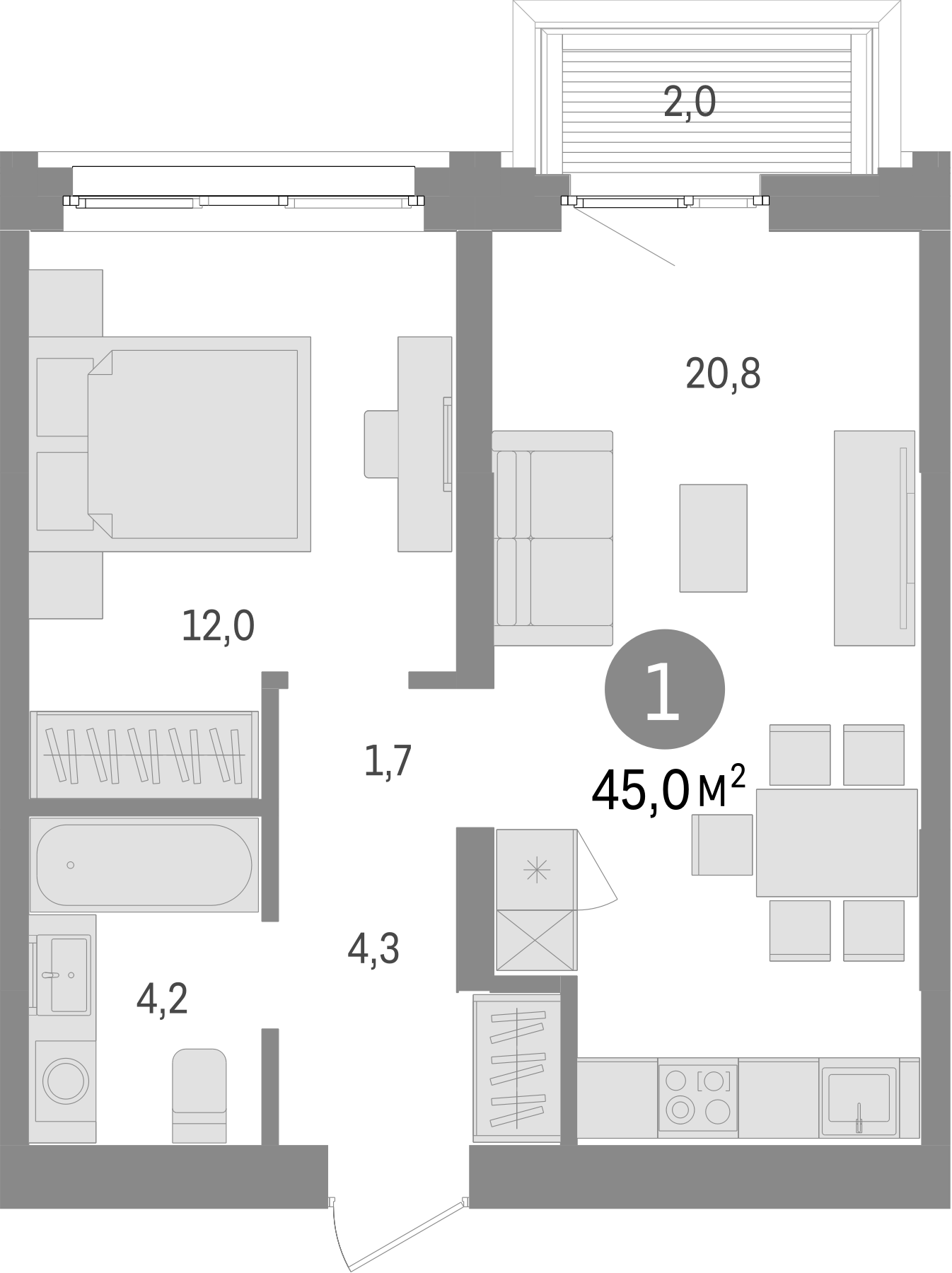 Планировка — Европейский берег, 2-комн., 43 м²