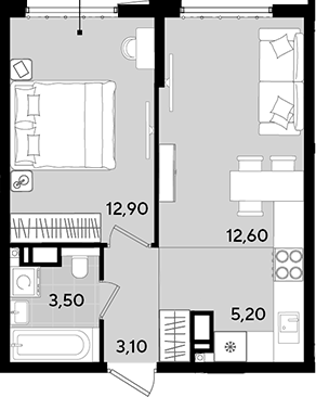 Планировка — Порто-Ново, 2-комн., 37 м²