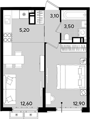 Планировка — Порто-Ново, 2-комн., 37 м²