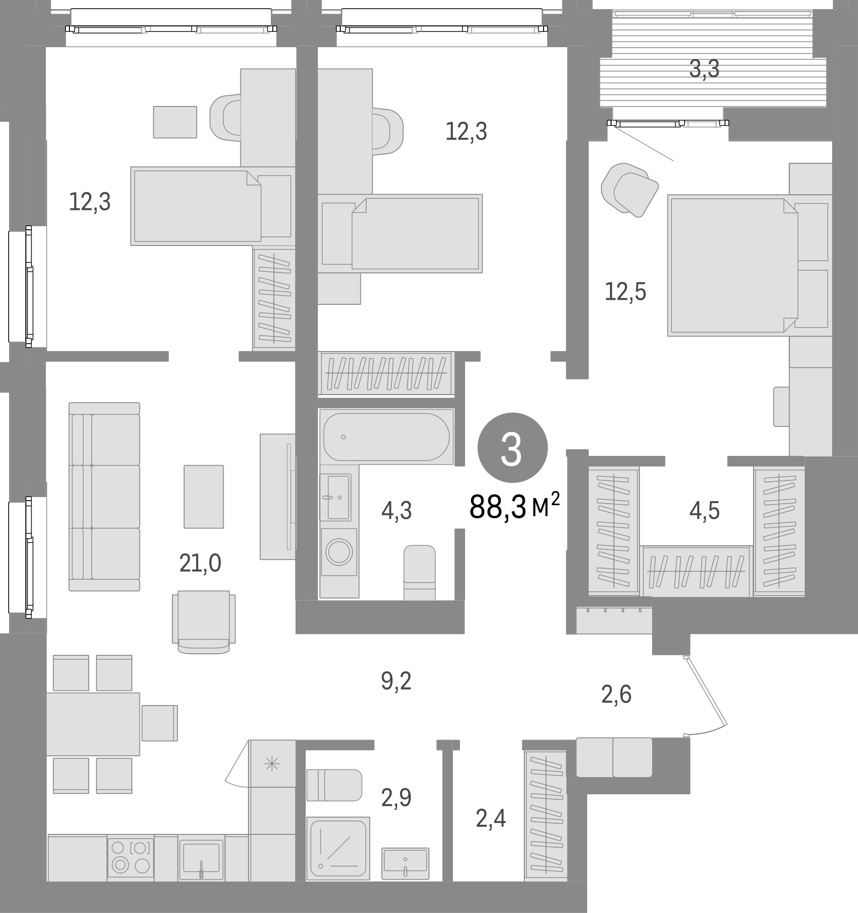Планировка — Европейский берег, 4-комн., 85 м²