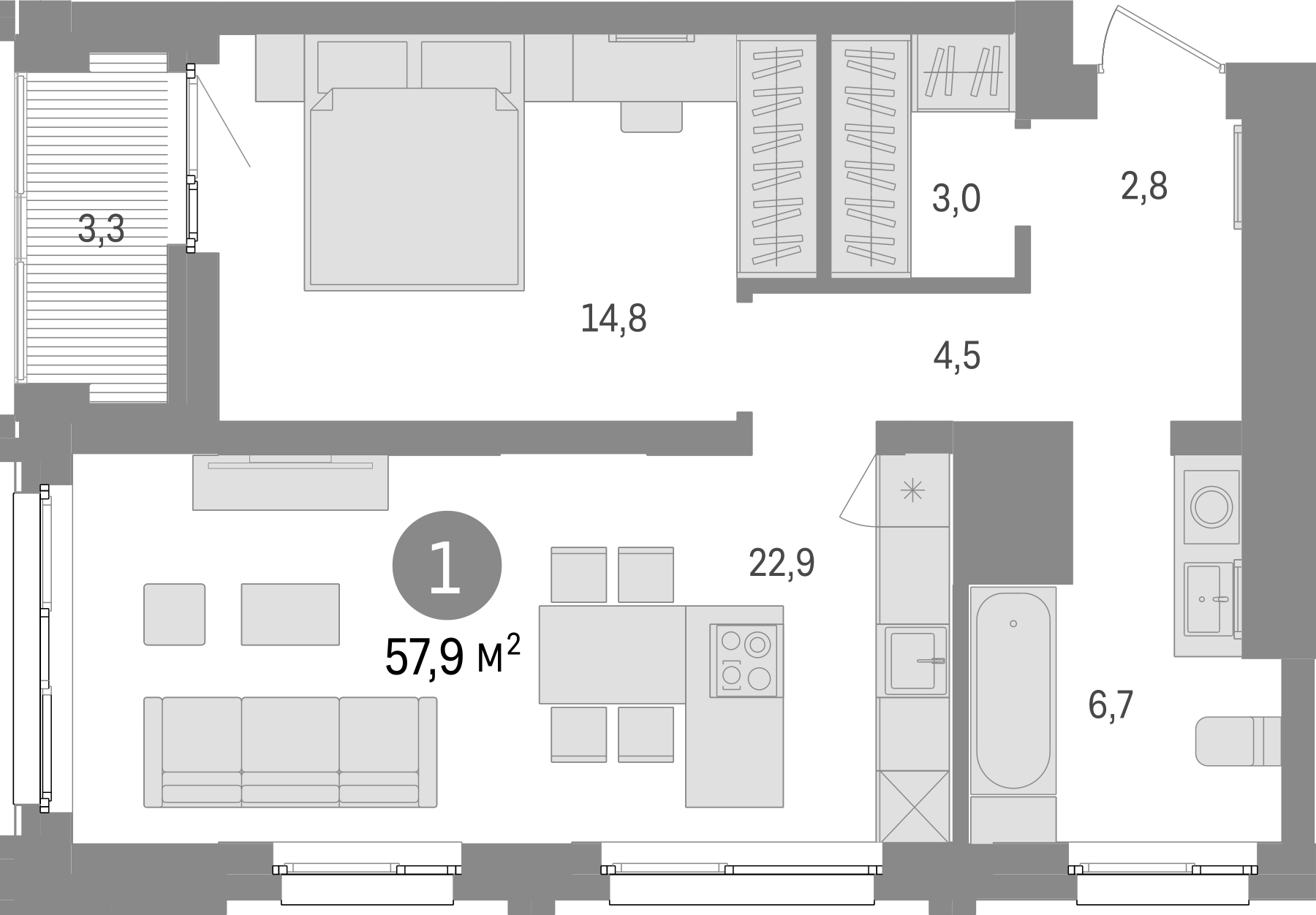 Планировка — Европейский берег, 2-комн., 55 м²