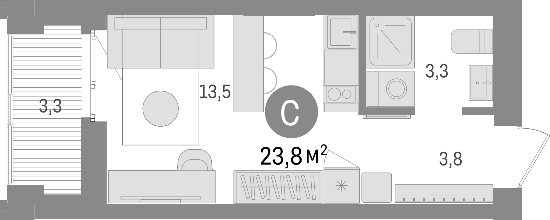 Планировка — Европейский берег, Студия, 21 м²