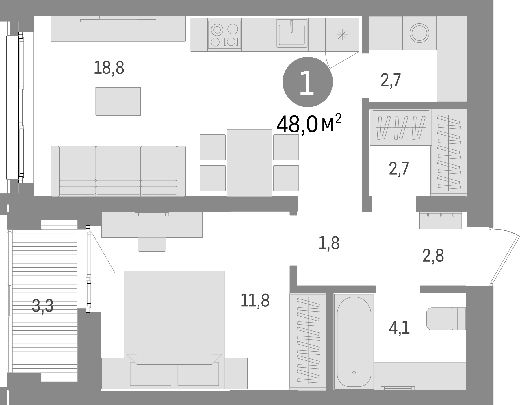Планировка — Европейский берег, 2-комн., 45 м²