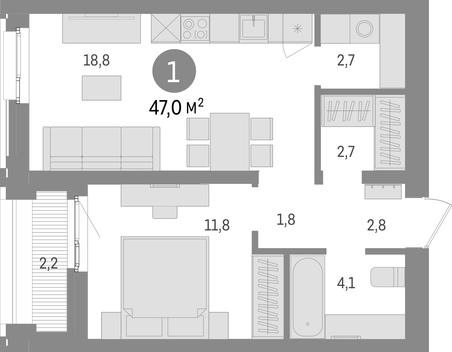 Планировка — Европейский берег, 2-комн., 45 м²