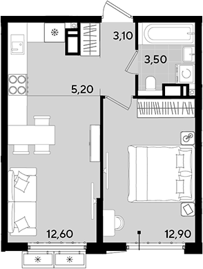 Планировка — Порто-Ново, 2-комн., 37 м²