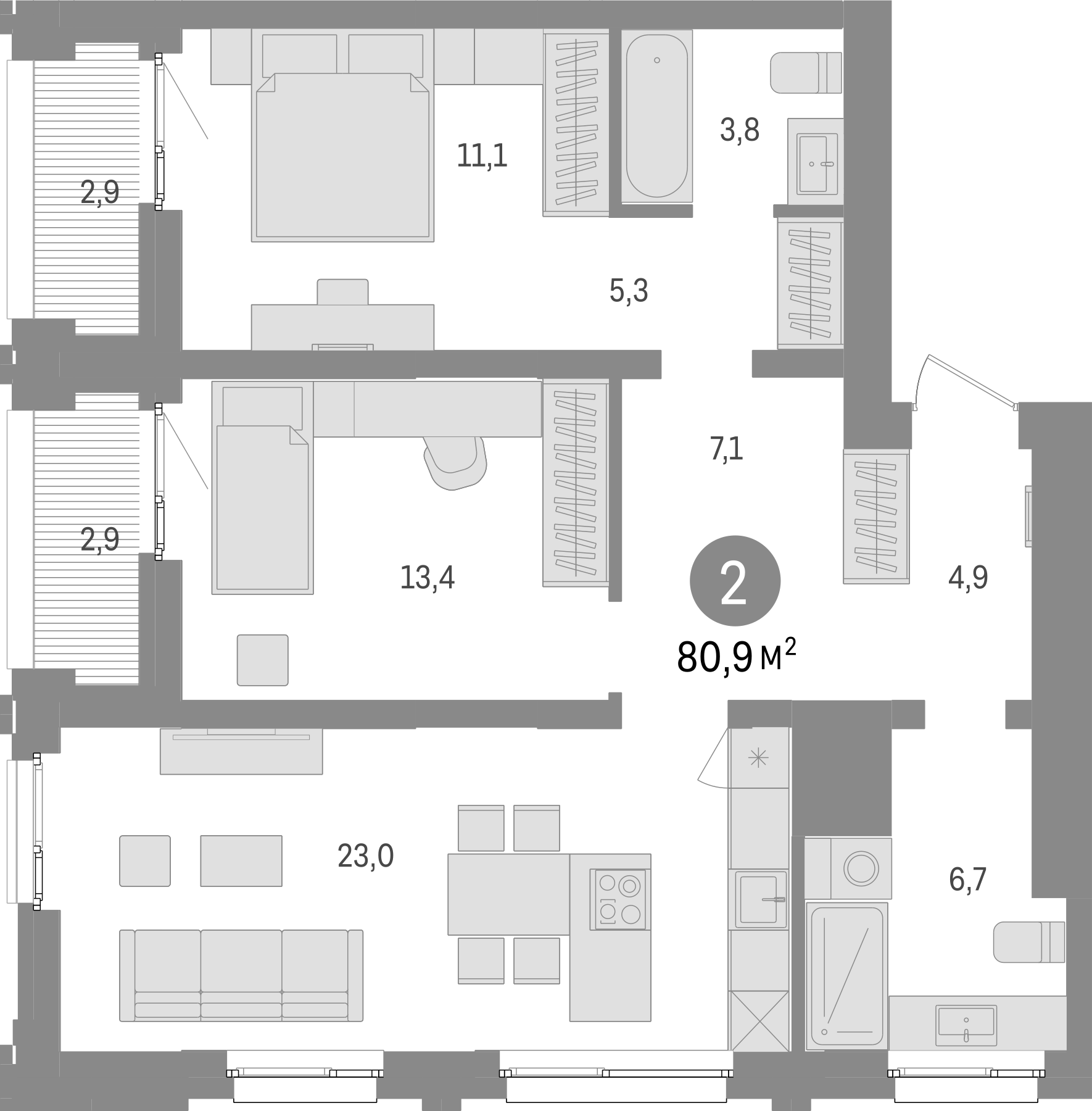 Планировка — Европейский берег, 3-комн., 75 м²