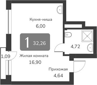 Планировка — Марсель-2, 1-комн., 32 м²