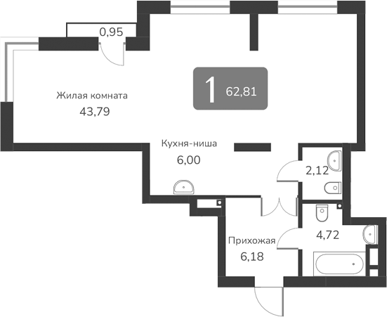 Планировка — Марсель-2, 1-комн., 63 м²