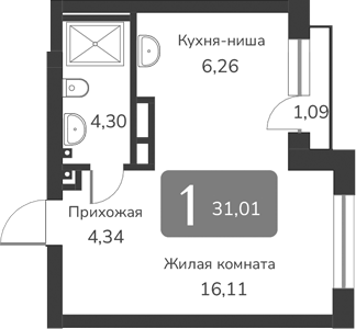Планировка — Марсель-2, 1-комн., 31 м²