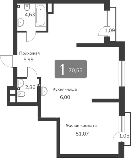 Планировка — Марсель-2, 1-комн., 71 м²