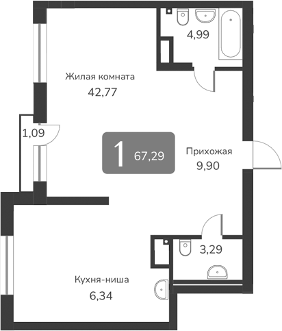 Планировка — Марсель-2, 1-комн., 67 м²