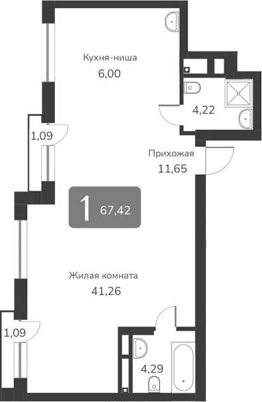 Планировка — Марсель-2, 1-комн., 67 м²