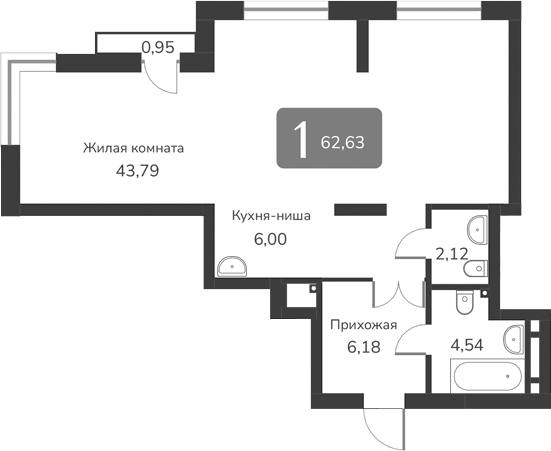 Планировка — Марсель-2, 1-комн., 63 м²