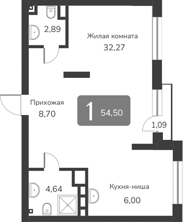 Планировка — Марсель-2, 1-комн., 55 м²