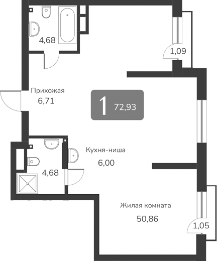 Планировка — Марсель-2, 1-комн., 73 м²