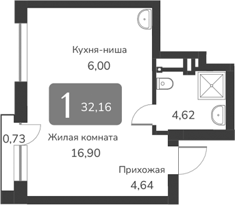 Планировка — Марсель-2, 1-комн., 32 м²