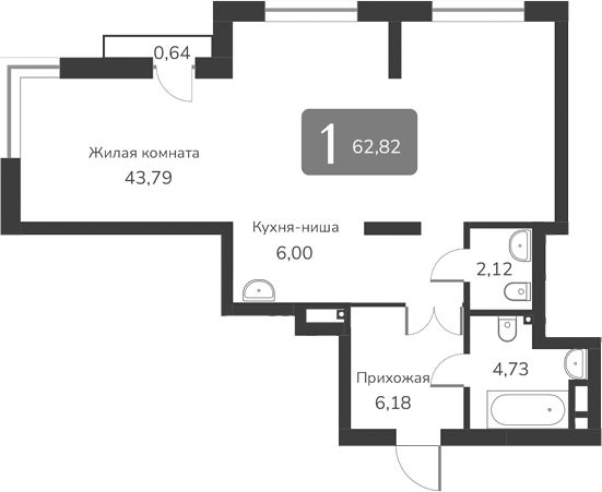 Планировка — Марсель-2, 1-комн., 63 м²