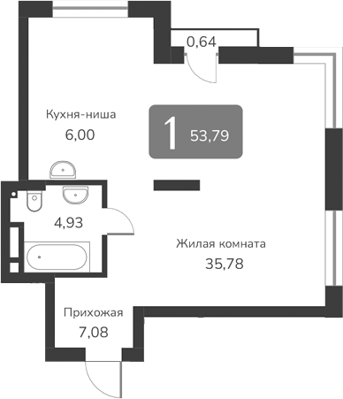 Планировка — Марсель-2, 1-комн., 54 м²