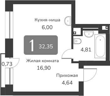 Планировка — Марсель-2, 1-комн., 32 м²