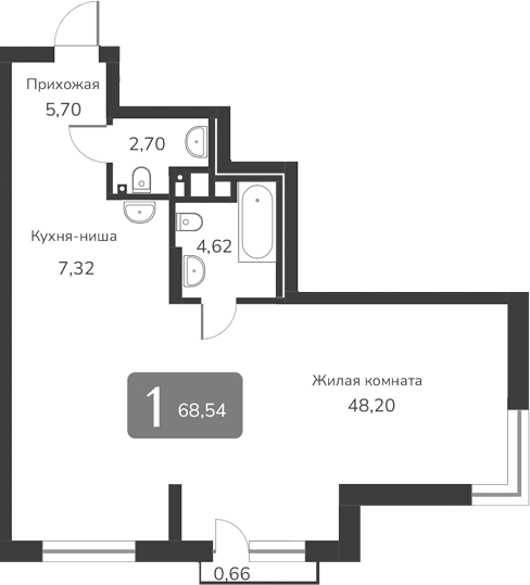 Планировка — Марсель-2, 1-комн., 69 м²