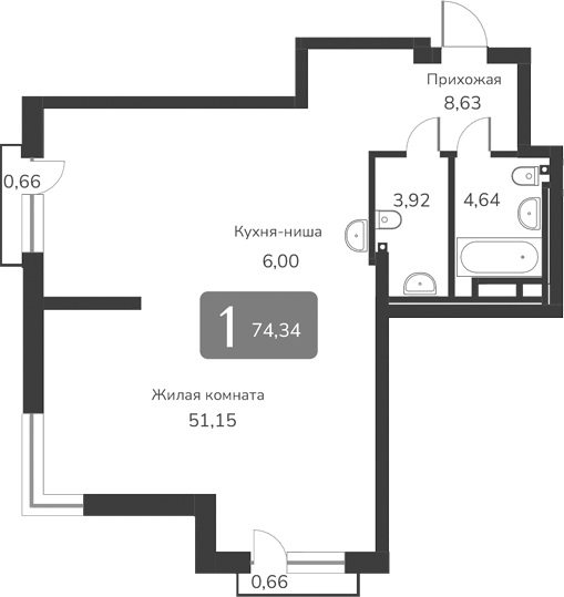 Планировка — Марсель-2, 1-комн., 74 м²
