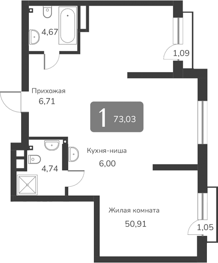Планировка — Марсель-2, 1-комн., 73 м²